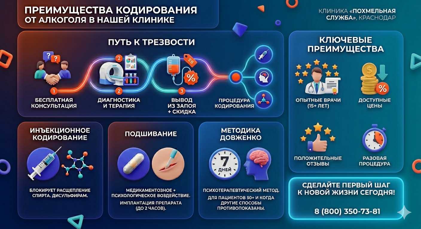 Инфографика о методах кодирования от алкоголя в Семендере: инъекции, подшивание, метод Довженко. Преимущества клиники и этапы лечения.