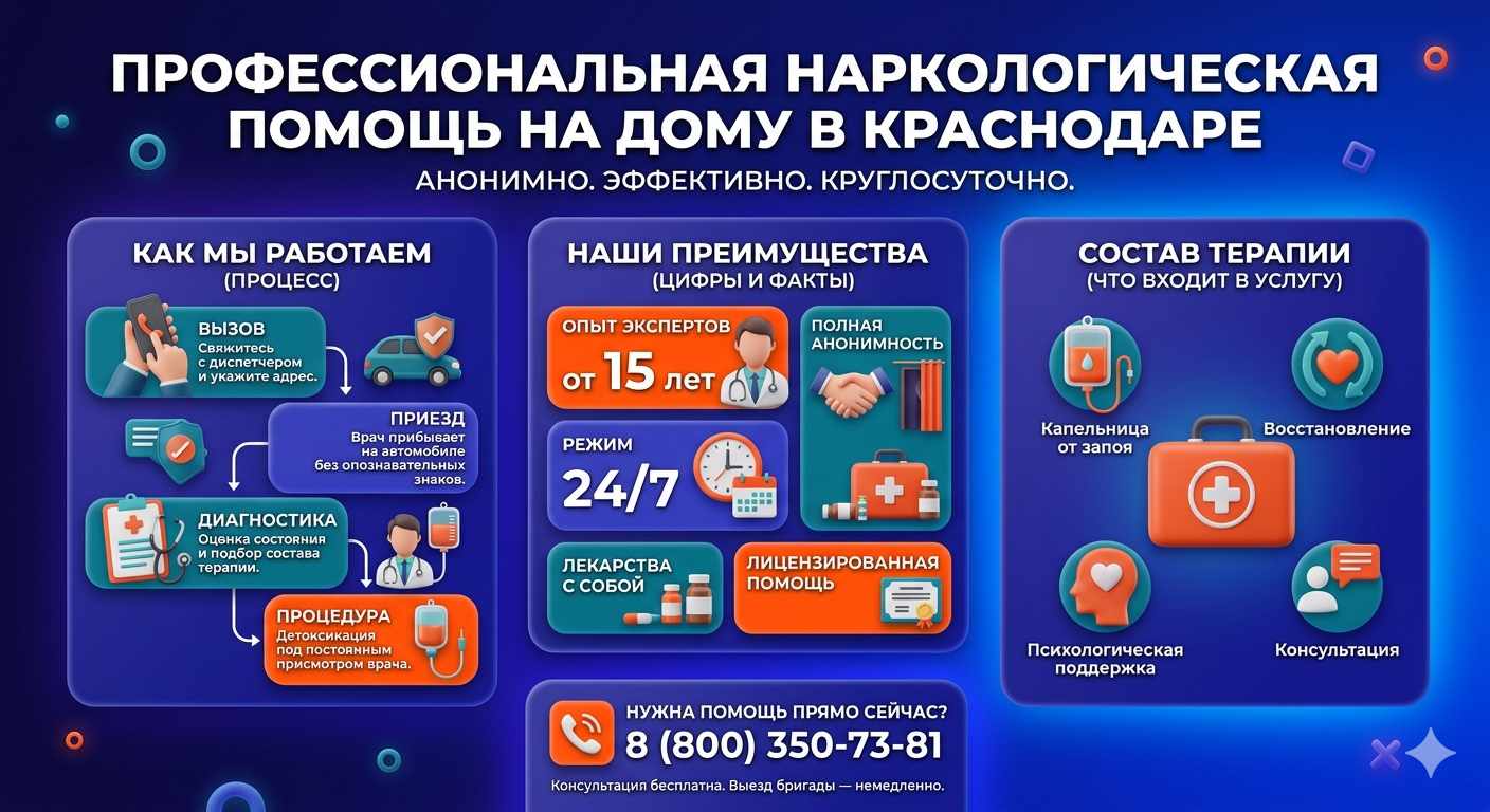 Инфографика о принципах лечения алкоголизма на дому в Семендере: этапы вызова нарколога, преимущества анонимной детоксикации и состав медицинской помощи.